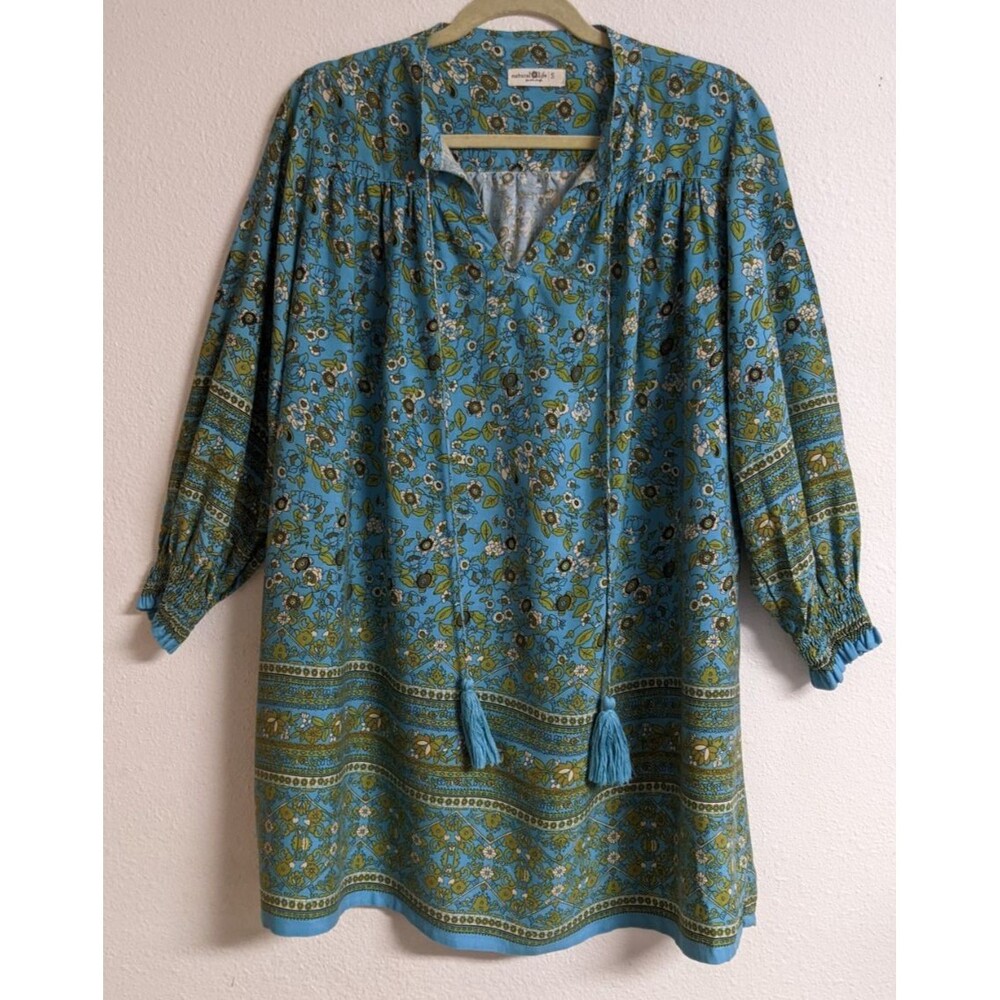 NATURAL LIFE Floral Print Boho Tassle Tie 100% Rayon Short Dress SM